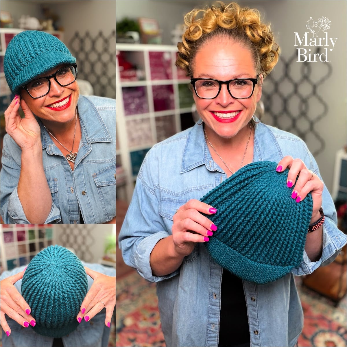 Marly Bird showing the Ribbed for Him and Her teal ribbed crochet beanie with bill from multiple angles, free hat pattern