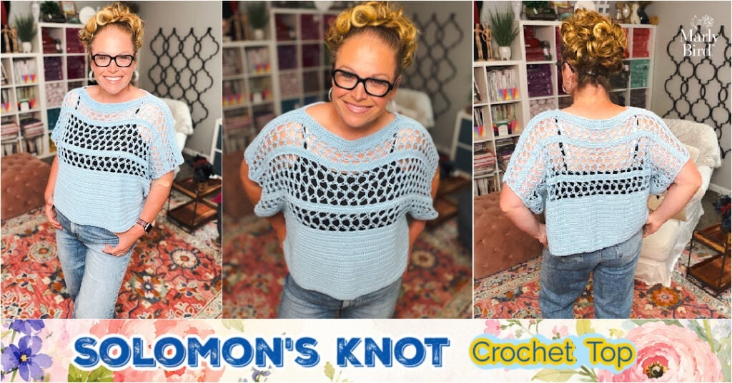 Marly Bird wearing the Solomon's Knot Crochet Tee in Bernat Softee Cotton Dusk Sky, a free crochet tee pattern in sizes S/M to 4X/5X