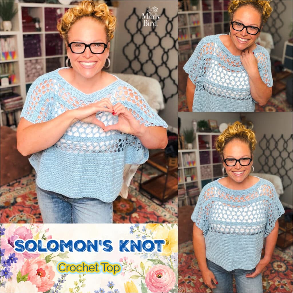 Marly Bird wearing the Solomon's Knot Crochet Tee in Dusk Sky Bernat Softee Cotton — free crochet tee pattern in sizes S/M to 4X/5X