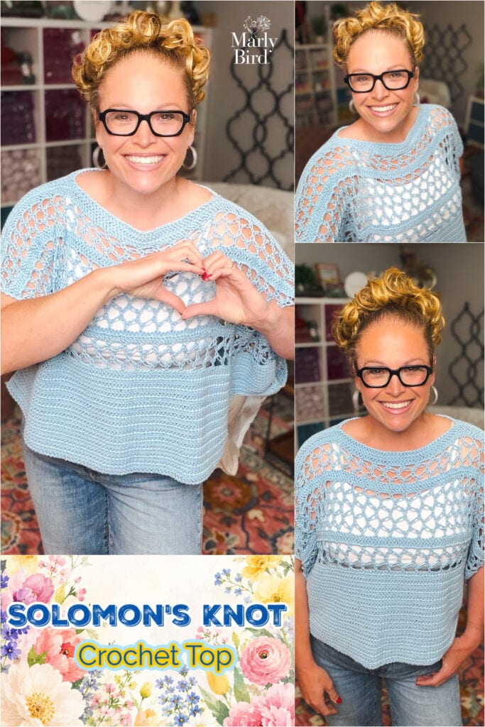 Free Solomon's Knot Crochet Tee pattern by Marly Bird — sizes S/M to 4X/5X in Bernat Softee Cotton, featuring open Solomon's Knot stitch sleeves and oversized cotton fit