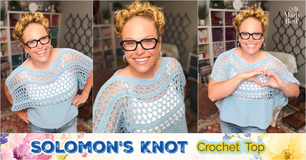 Marly Bird wearing the Solomon's Knot Crochet Tee in Bernat Softee Cotton Dusk Sky, a free crochet tee pattern in sizes S/M to 4X/5X