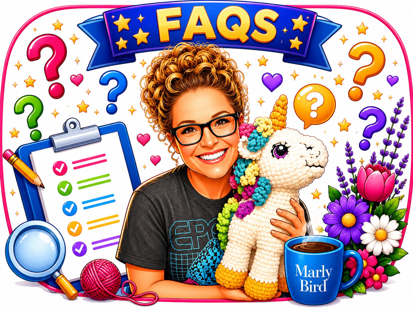 Frequently asked questions about Sparkle the Crochet Unicorn free pattern — illustrated banner with Marly Bird character and crafting icons