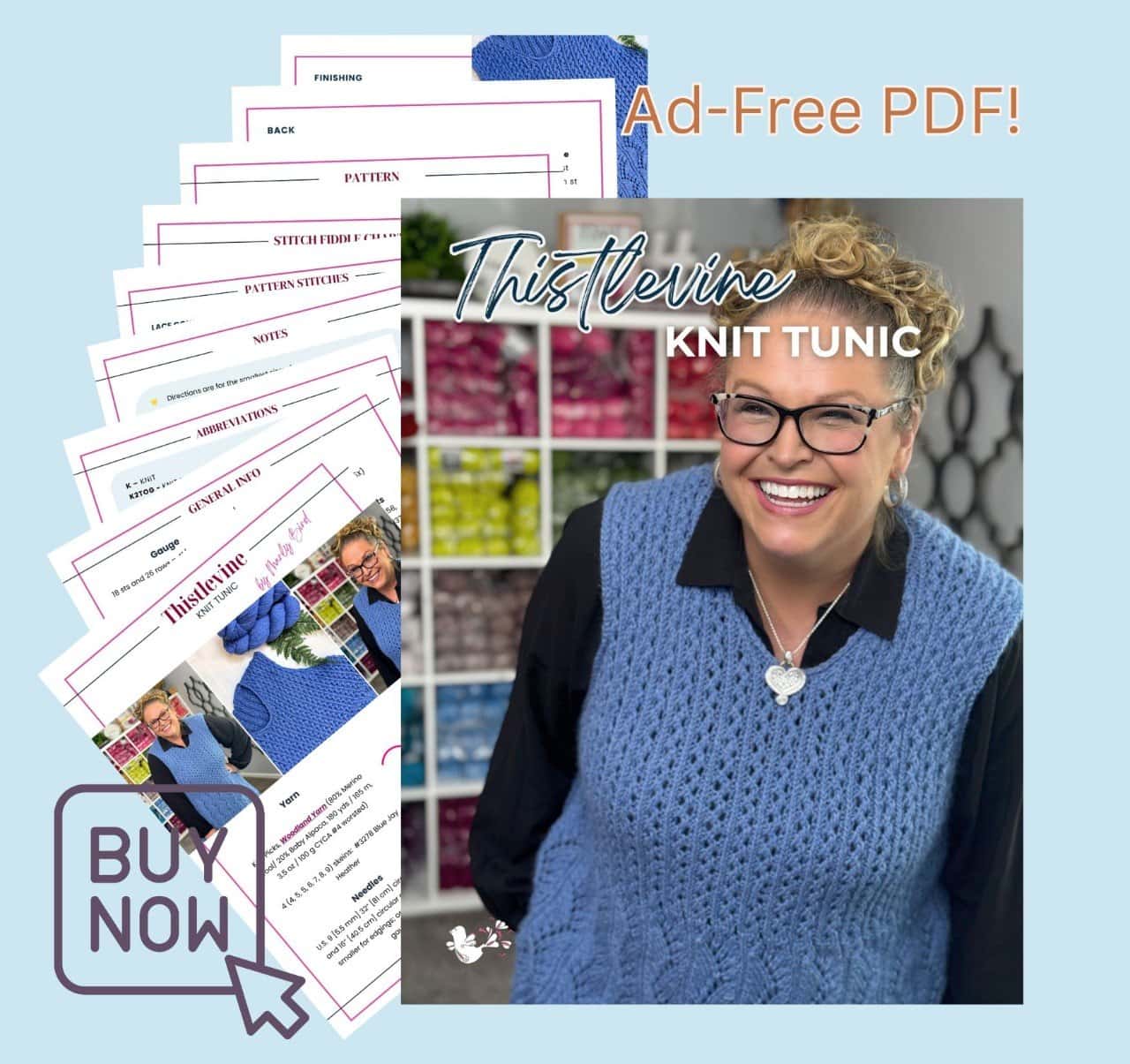 Thistlevine Knit Tunic Vest pattern by Marly Bird... ad-free PDF promo showing Marly wearing the blue heathered knit lace vest sample plus a fanned preview of the printable PDF pages