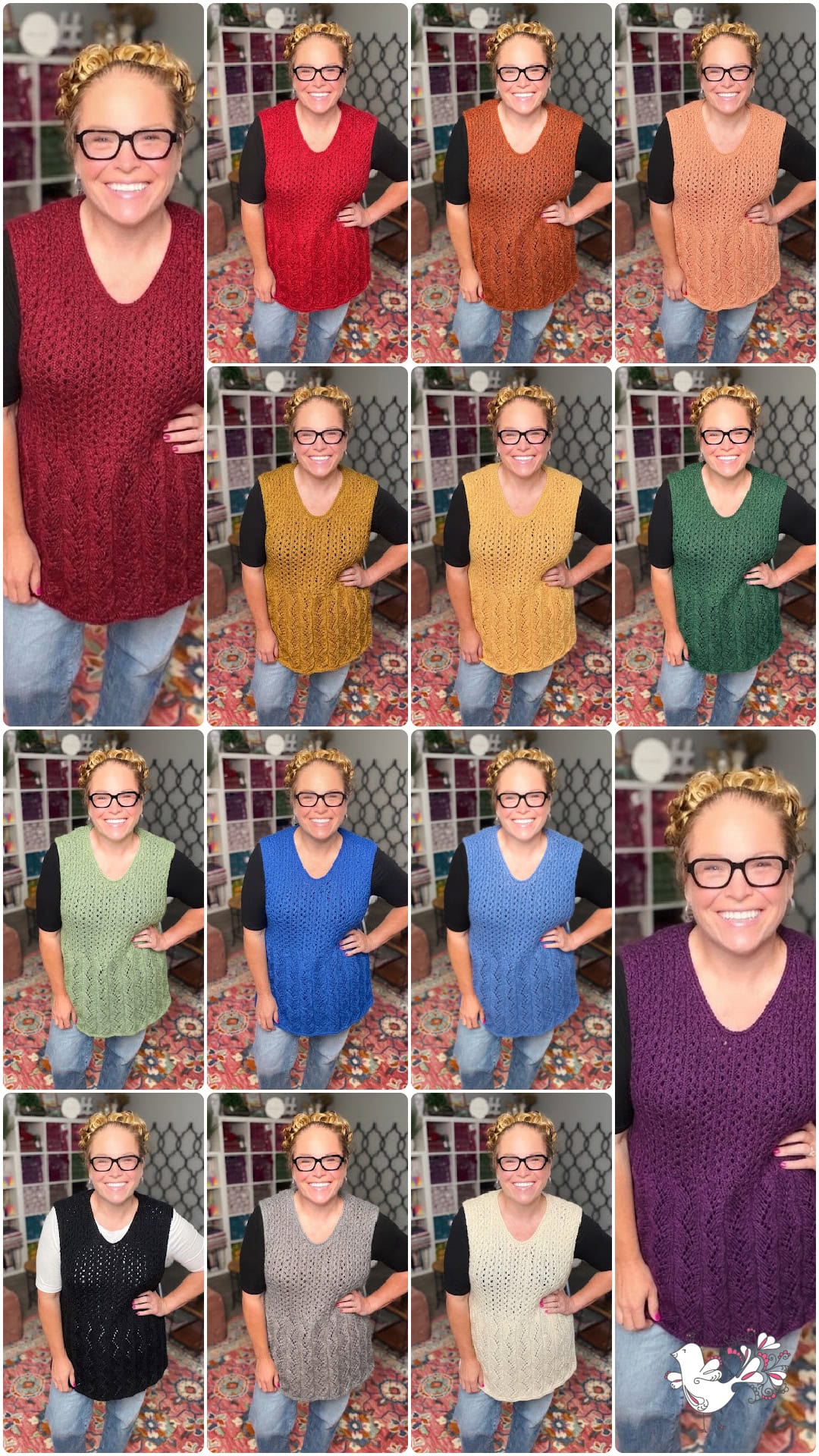 Thistlevine free knit tunic vest pattern by Marly Bird shown in 16 different colorways to help knitters choose the best color for their skin tone and wardrobe