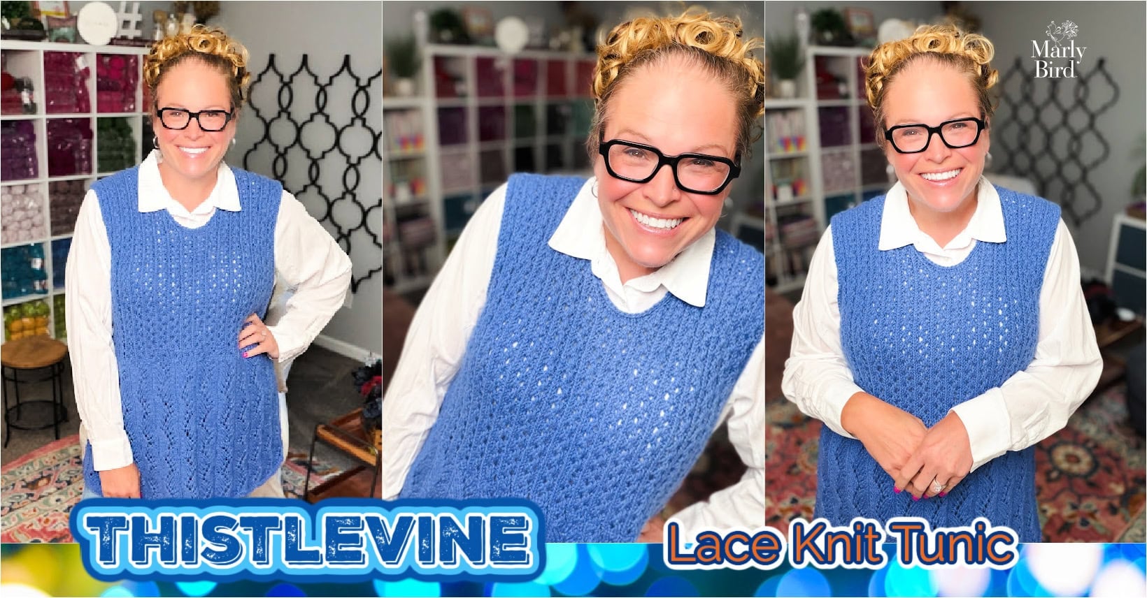 Thistlevine free knit tunic vest pattern by Marly Bird, sleeveless lace layering shell in Knit Picks Woodland Blue Jay Heather, modeled with the Zig Zag Waves peplum hem and Lace Columns body visible
