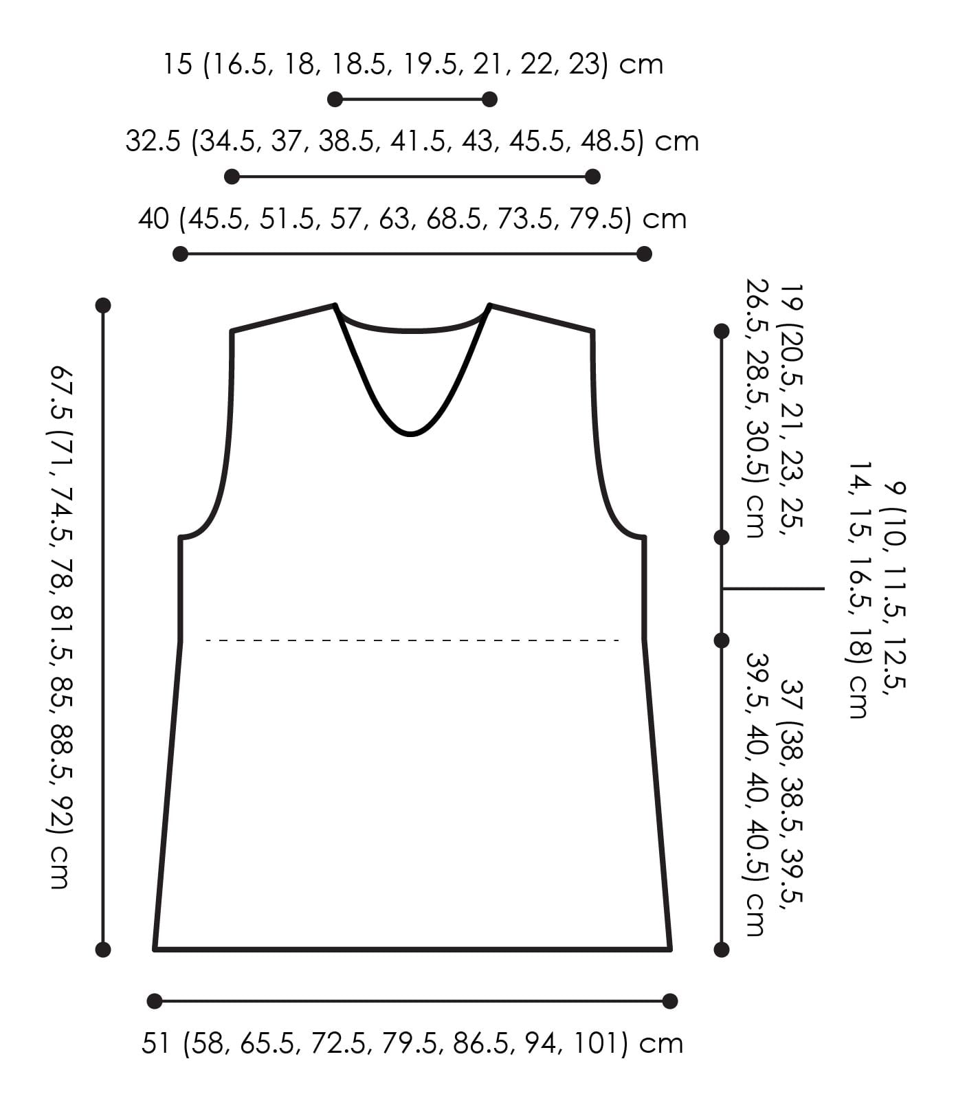 Thistlevine free knit tunic vest pattern schematic by Marly Bird, showing front and back measurements for sizes XS through 5X