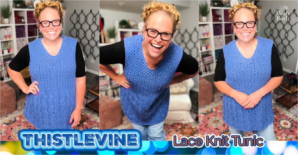 Person models a blue lace knit tunic, showing stitch detail and drape, in a cozy room with bookshelves and plants.