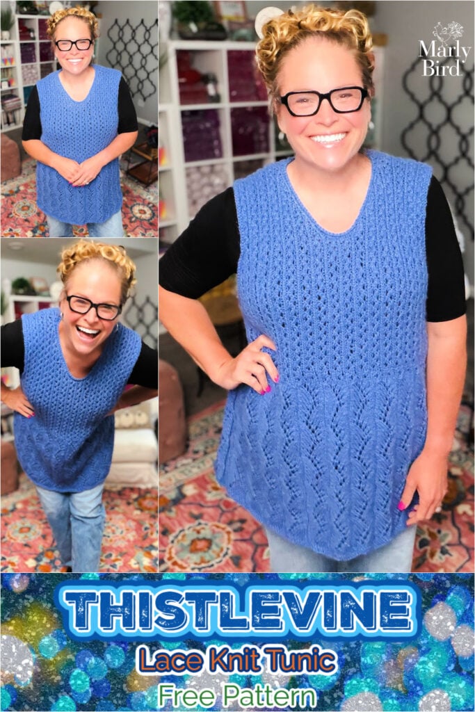Blue lace knit tunic with intricate stitch detail, modeled over black shirt and jeans in a cozy, colorful room.