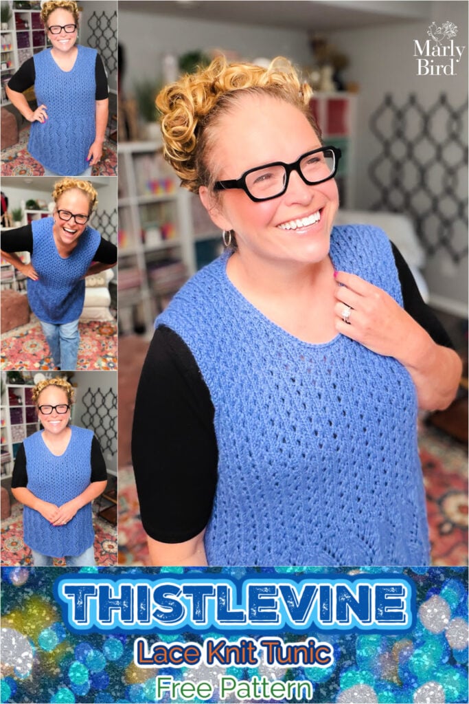 Woman wears a blue lace knit tunic vest over a black shirt, showcasing its stitch detail and drape; "THISTLEVINE" pattern shown.