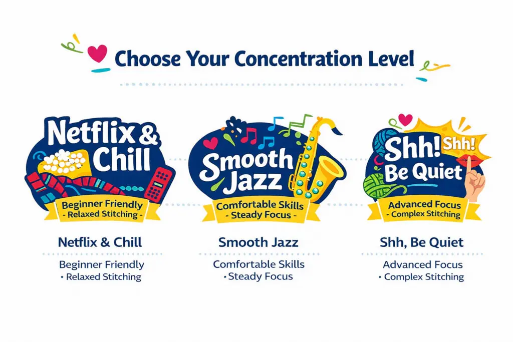 Concentration levels for the Tournament of Stitches knit and crochet event: Netflix & Chill beginner level, Smooth Jazz intermediate level, and Shh Be Quiet advanced focus level.
