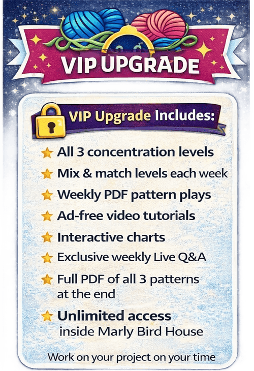 Tournament of Stitches 2026 Free vs VIP Upgrade comparison chart showing differences in knitting and crochet make-along access, patterns, and ad-free video tutorials.